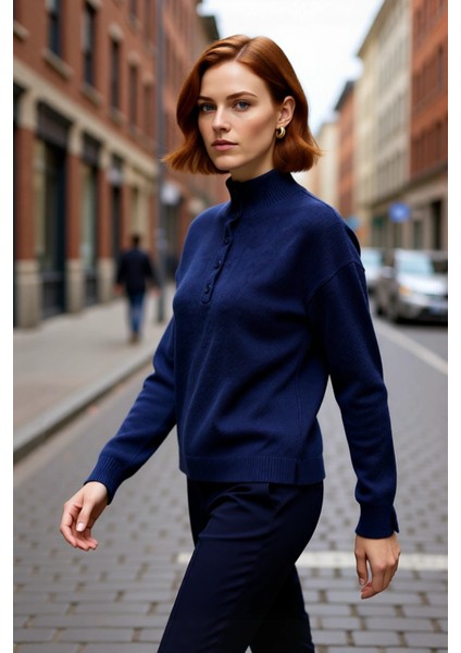 Kadın Lacivert Regular Kalıp Dik Yaka Düşük Kol Triko Kazak Günlük Şıklık ve Konfor Sunar Kaliteli