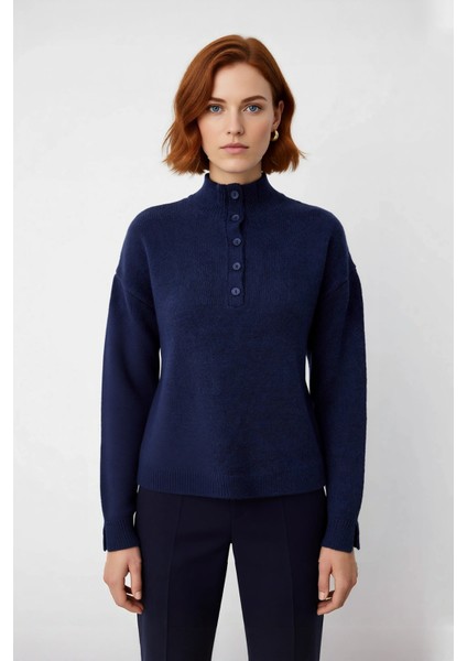 Kadın Lacivert Regular Kalıp Dik Yaka Düşük Kol Triko Kazak Günlük Şıklık ve Konfor Sunar Kaliteli fiyatları