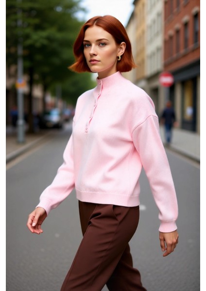 Kadın Lacivert Regular Kalıp Dik Yaka Düşük Kol Triko Kazak Günlük Şıklık ve Konfor Sunar Kaliteli