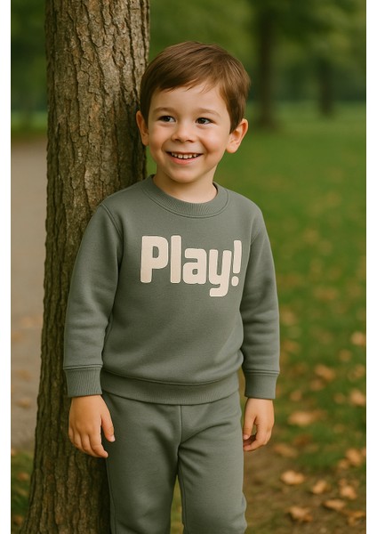 Erkek Çocuk Kışlık Eşofman Takımı Play Yazılı Sweatshirt Alt Pamuklu Üç Iplik Şardonlu Günlük Kombin 3-4-5-6 Yaş Yeşil