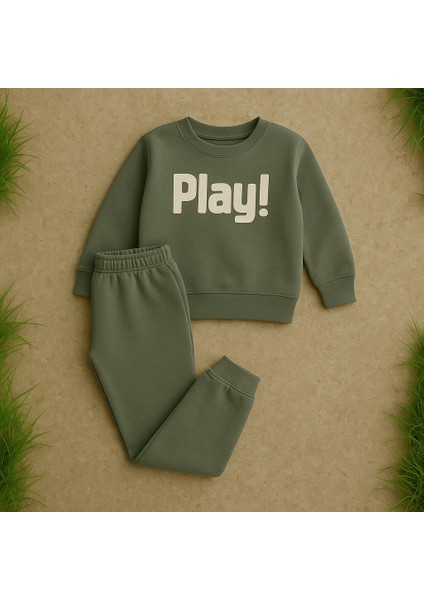 Erkek Çocuk Kışlık Eşofman Takımı Play Yazılı Sweatshirt Alt Pamuklu Üç Iplik Şardonlu Günlük Kombin 3-4-5-6 Yaş Yeşil fiyatları