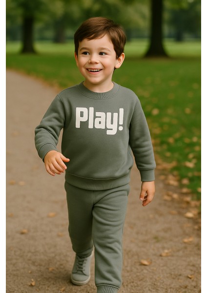 Erkek Çocuk Kışlık Eşofman Takımı Play Yazılı Sweatshirt Alt Pamuklu Üç Iplik Şardonlu Günlük Kombin 3-4-5-6 Yaş Yeşil modelleri