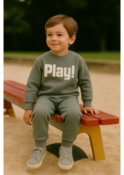 Erkek Çocuk Kışlık Eşofman Takımı Play Yazılı Sweatshirt Alt Pamuklu Üç Iplik Şardonlu Günlük Kombin 3-4-5-6 Yaş Yeşil fırsatları