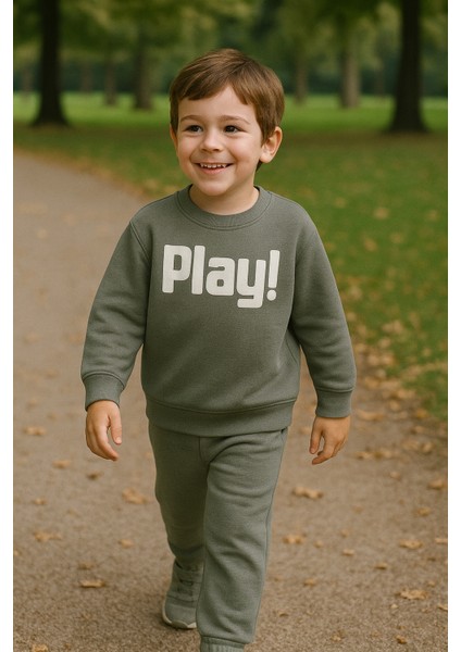 Erkek Çocuk Kışlık Eşofman Takımı Play Yazılı Sweatshirt Alt Pamuklu Üç Iplik Şardonlu Günlük Kombin 3-4-5-6 Yaş Yeşil indirimleri