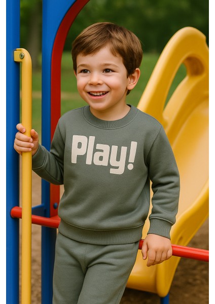 Erkek Çocuk Kışlık Eşofman Takımı Play Yazılı Sweatshirt Alt Pamuklu Üç Iplik Şardonlu Günlük Kombin 3-4-5-6 Yaş Yeşil