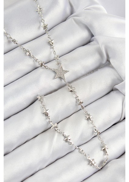 Pirinç Zirkon Taşlı Yıldız Model Gümüş Renk Y Kolye - Lisinya