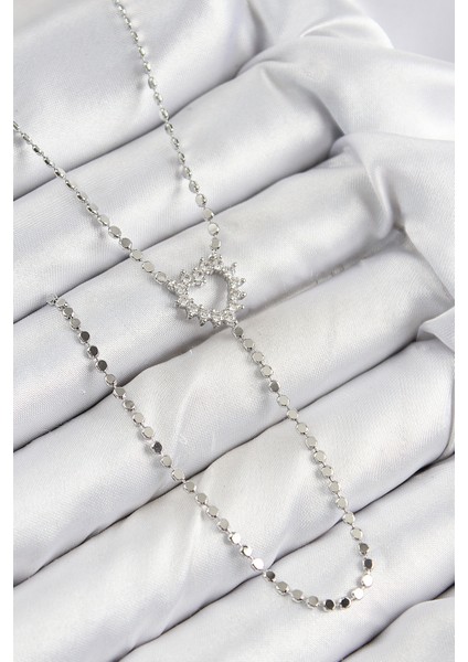 Pirinç Zirkon Taşlı Ezme Zincirli Kalp Model Gümüş Renk Y Kolye - Lisinya