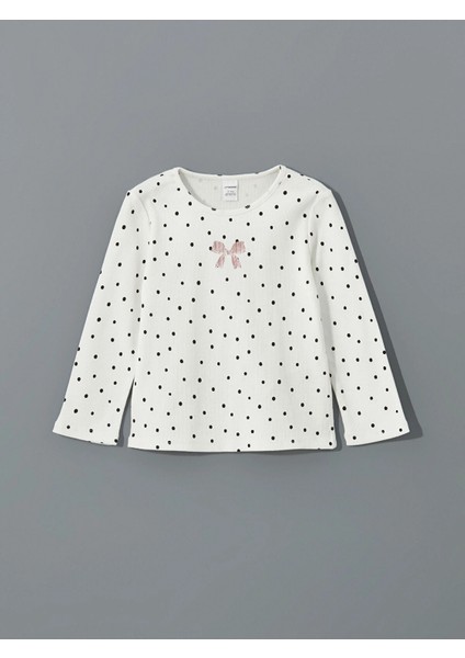 Lcw Kids Ekru Bisiklet Yaka Puantiyeli Kız Çocuk Tişört