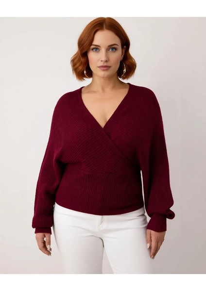 Kadın V Yaka Kruvaze Arkadan Bağlamalı Triko Kazak Akrilik Regular Fit Günlük Şık Soğuk Hava