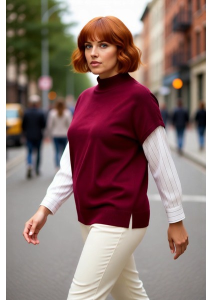 Kadın Relaxed Kalıp Kolsuz Triko Süveter Dik Yaka Basic Şık Görünüm Sunan Akrilik Tasarım Kaliteli modelleri