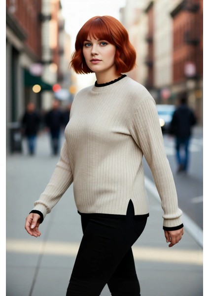 Kadın Akrilik Fitted Kesim Dik Yaka Fitilli Triko Kazak Standart Kol Günlük Rahatlık Için Ideal modelleri