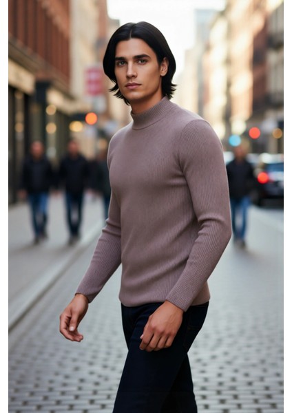 Erkek Dik Yaka Uzun Kol Fitilli Dar Kalıp Triko Kazak Kış Sezonu Için Modern ve Konforlu Stil modelleri