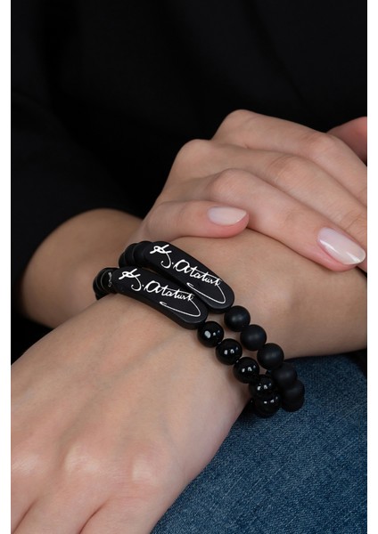 K. Atatürk İmzalı 2 Adet Mat ve Parlak Siyah Boncuk Taşlı Bileklik Çifti bbb20 fırsatları