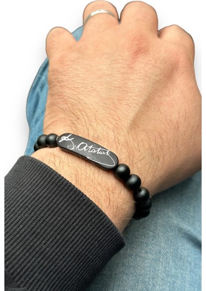 K. Atatürk İmzalı Mat Siyah Boncuk Taşlı Erkek / Kadın Bileklik bbb19cm modelleri