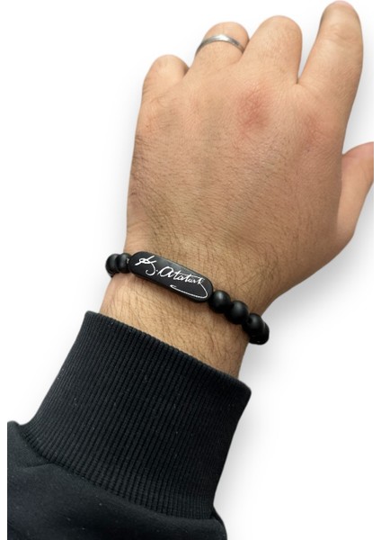 K. Atatürk İmzalı Mat Siyah Boncuk Taşlı Erkek / Kadın Bileklik bbb19cm fırsatları