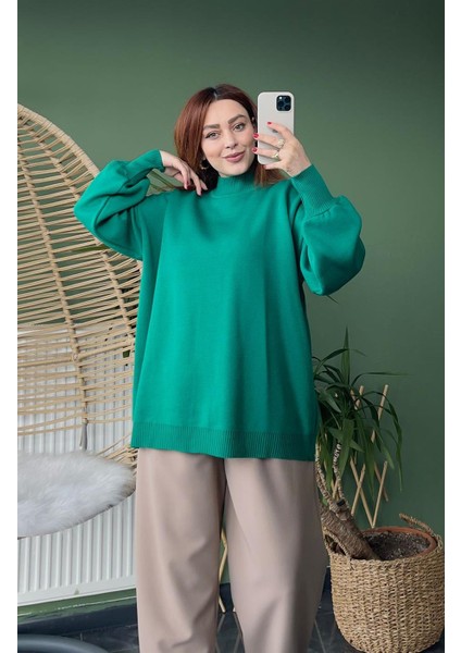 Balon Kol Dik Yaka Oversize Yeşil Triko Kazak