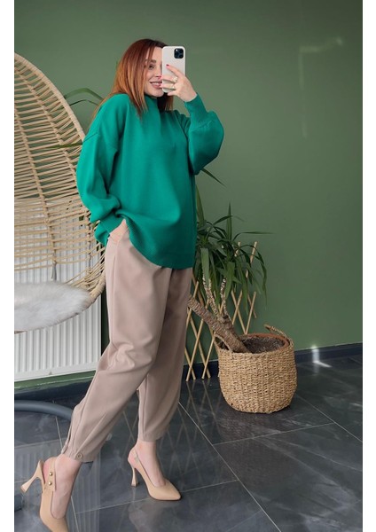 Balon Kol Dik Yaka Oversize Yeşil Triko Kazak fiyatları