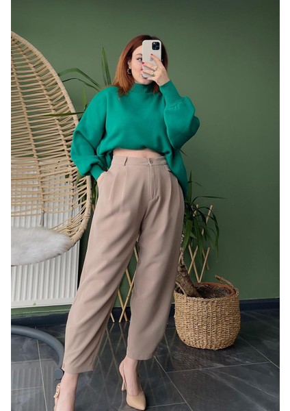 Balon Kol Dik Yaka Oversize Yeşil Triko Kazak modelleri