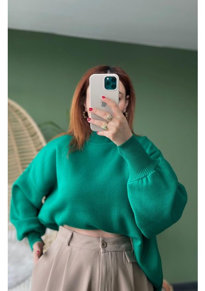 Balon Kol Dik Yaka Oversize Yeşil Triko Kazak fırsatları