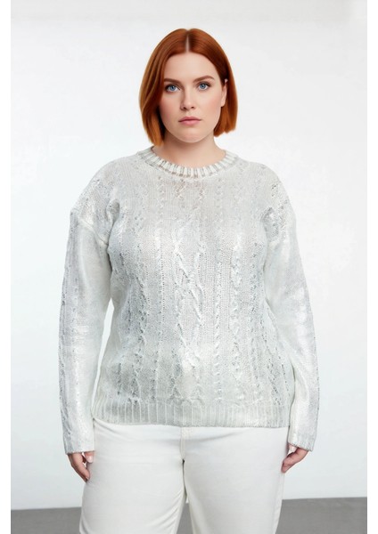 Kadın Saç Örgü Varak Detaylı Crop Triko Kazak Bisiklet Yaka Uzun Kollu Şık ve Modern Kombinler