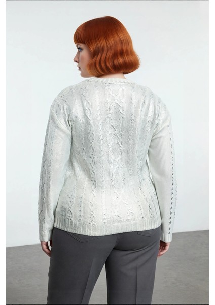 Kadın Saç Örgü Varak Detaylı Crop Triko Kazak Bisiklet Yaka Uzun Kollu Şık ve Modern Kombinler fiyatları