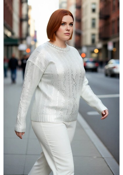 Kadın Saç Örgü Varak Detaylı Crop Triko Kazak Bisiklet Yaka Uzun Kollu Şık ve Modern Kombinler modelleri