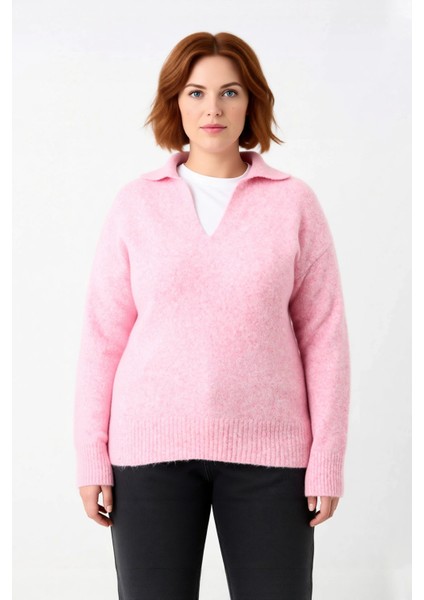 Kadınların Soğuk Havalar Için Ideal Regular Kalıp Polo Yaka Düz Desen Triko Kazak Kaliteli