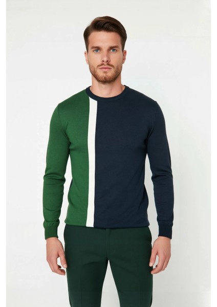 Erkek Basic Siluet Bisiklet Yaka Renk Bloklu Uzun Kollu Fitted Kalıp Intersia Triko Kazak Kaliteli