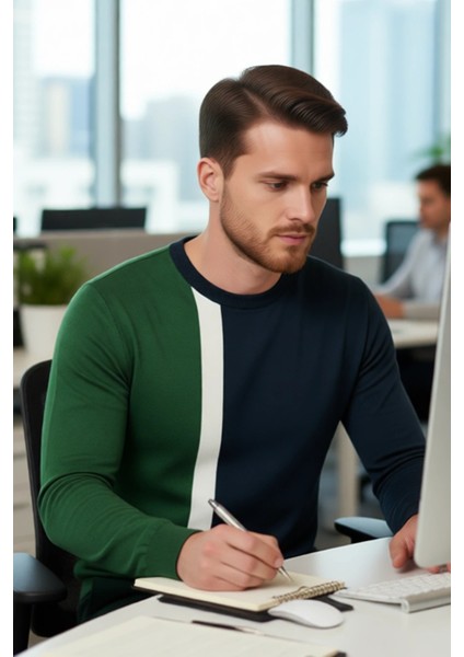 Erkek Basic Siluet Bisiklet Yaka Renk Bloklu Uzun Kollu Fitted Kalıp Intersia Triko Kazak Kaliteli fırsatları