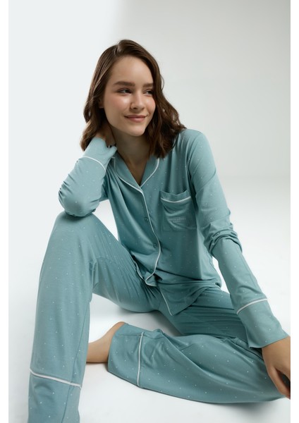 Kadın Gömlek Yaka Önden Düğmeli Pijama TAKIM-8986