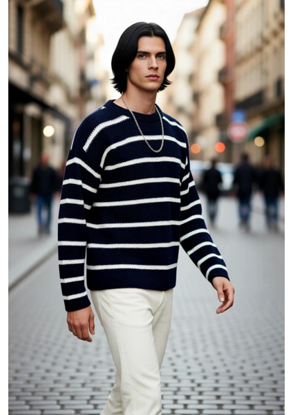 Modern Erkek Gri Çizgili Oversize Bisiklet Yaka Akrilik Uzun Kollu Kış Kombinlerinin Vazgeçilmezi modelleri