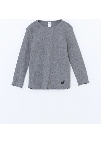 Lcw Kids Antrasit Bisiklet Yaka Uzun Kollu Baskılı Kız Çocuk Tişört