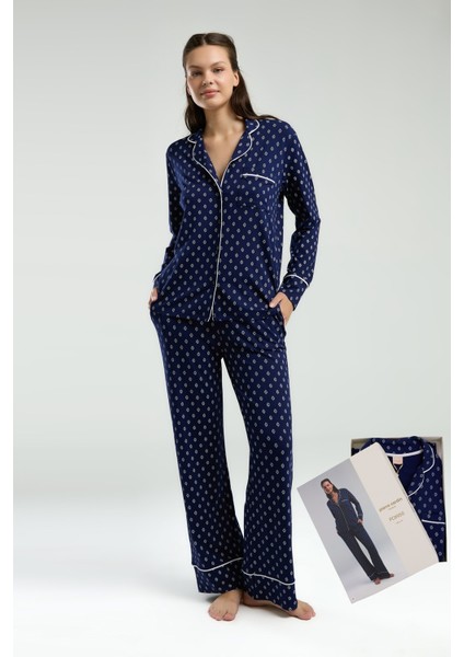 Viskon & Likralı, Önden Düğmeli, Uzun Kollu, Gömlek Yaka, Cepli, Kadın Pijama Takımı -8950 fırsatları