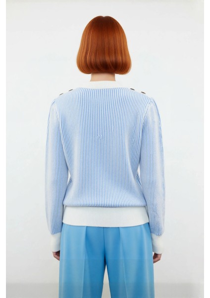 Kadın Açık Mavi Çizgili Düğme Detaylı Bisiklet Yaka Uzun Kollu Triko Kazak Günlük Kombinler Için Şık fırsatları