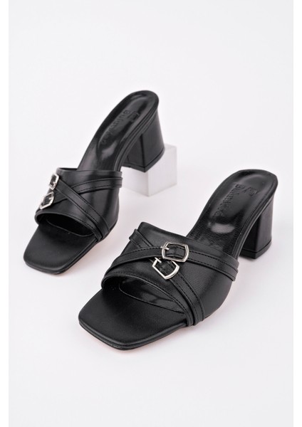 BA04483 Siyah Kadın Çapraz Toka Günlük Klasik 5cm Topuklu Terlik - 39
