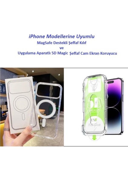 iPhone 14 Pro Max Uyumlu Uygulama Aparatlı 5d Şeffaf Ekran Koruyucu ve Magsafeli Şeffaf Kılıf
