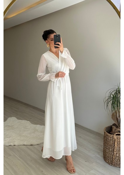 Kadın Uzun Kollu Kuşaklı Maxi Şifon Elbise NM001