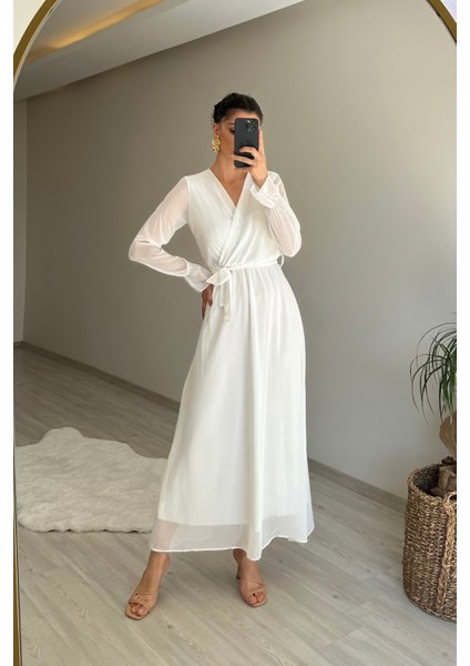 Kadın Uzun Kollu Kuşaklı Maxi Şifon Elbise NM001 fiyatları