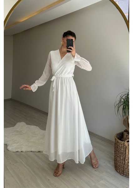 Kadın Uzun Kollu Kuşaklı Maxi Şifon Elbise NM001 modelleri