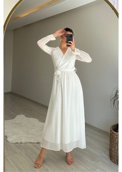 Kadın Uzun Kollu Kuşaklı Maxi Şifon Elbise NM001 fırsatları