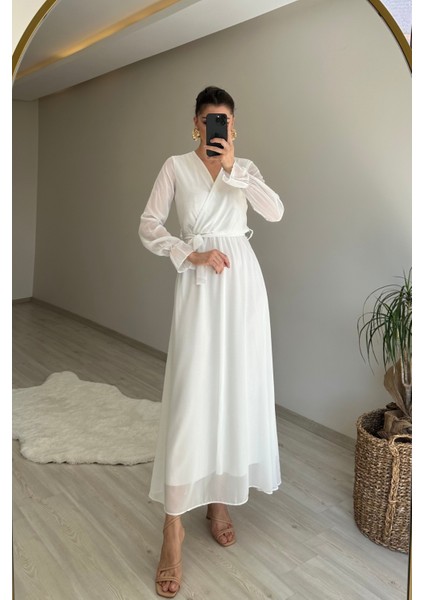 Kadın Uzun Kollu Kuşaklı Maxi Şifon Elbise NM001 indirimleri