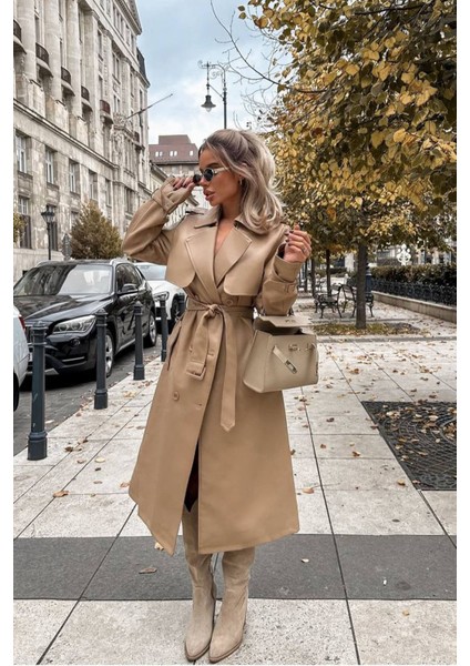 Kadın Suni Deri Düğmeli Cep Detaylı Tam Boy Trençkot NBEMP2617 fiyatları