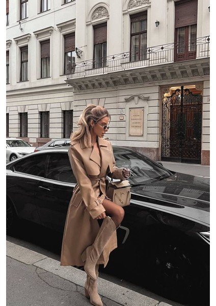 Kadın Suni Deri Düğmeli Cep Detaylı Tam Boy Trençkot NBEMP2617 modelleri