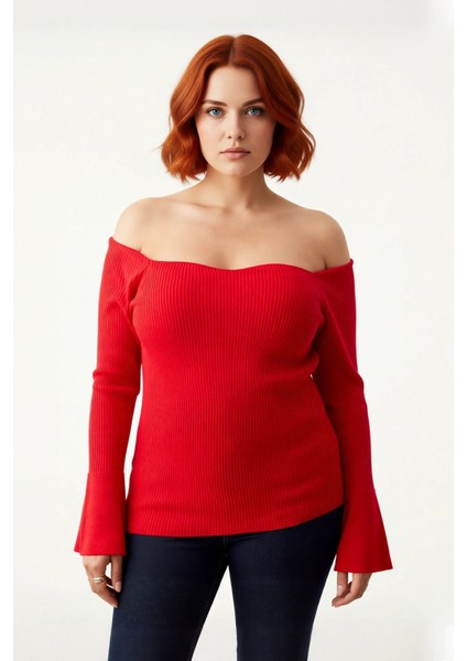 Kadın Triko Carmen Yaka Kazak Fitted Kalıp Fitilli Dokuma Uzun Reglan Kol Şık Bodycone Tasarım