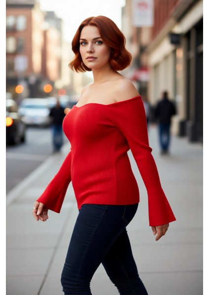 Kadın Triko Carmen Yaka Kazak Fitted Kalıp Fitilli Dokuma Uzun Reglan Kol Şık Bodycone Tasarım modelleri