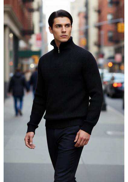 Erkeklerin Soğuk Havalarda Tercihi Regular Kalın Fermuarlı Dik Yaka Selanik Triko Kazak Modeli modelleri