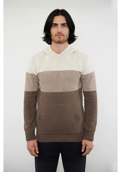 Erkek Regular Kesim Kapüşonlu Renk Bloklu Uzun Kollu Triko Kazak Soğuk Kış Günleri Için Ideal