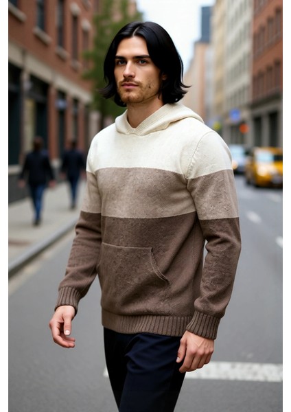 Erkek Regular Kesim Kapüşonlu Renk Bloklu Uzun Kollu Triko Kazak Soğuk Kış Günleri Için Ideal modelleri