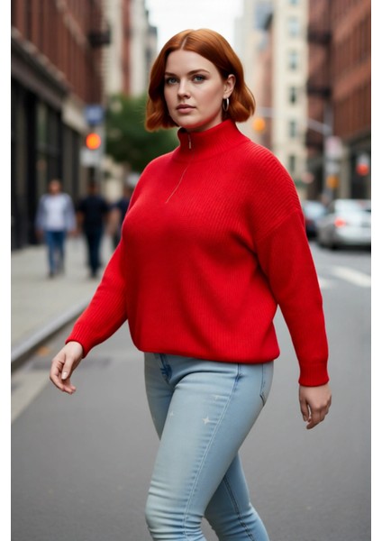 Kadın Kışlık Regular Kalıp Düz Desen Düşük Kol Fermuarlı Dik Yaka Akrilik Triko Kazak Kaliteli modelleri