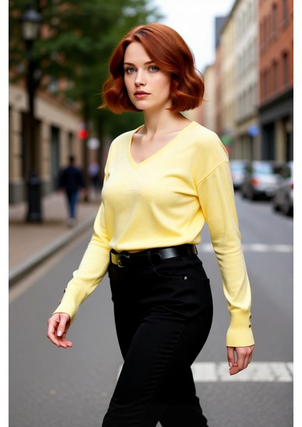 Kadın Düz Desen Regular Kalıp Triko V Yaka Kazak Uzun Kollu ve Şık Düğme Detayları Ile Kaliteli modelleri